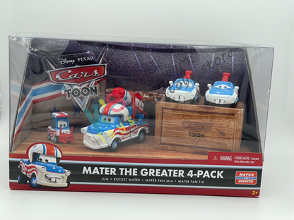 DISNEY PIXAR CARS - CARS TOON MATER THE GREATER 4-PACK GIFT SET - LUG, ROCKET MATER, MATER FAN MIA, MATER FAN TIA - BNIB