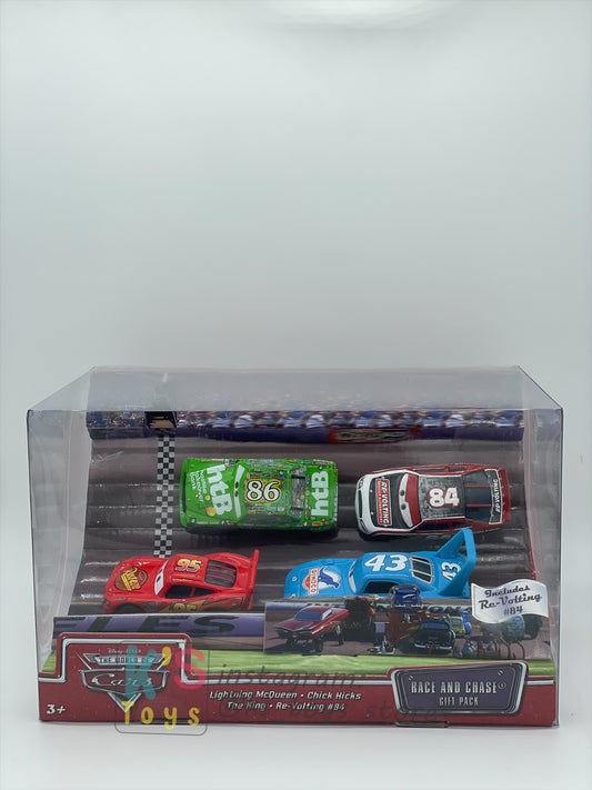 DISNEY PIXAR CARS 1:55 BY MATTEL - RACE AND CHASE 4 PACK - LIGHTNING MCQUEEN, CHICK HICKS, THE KING AND RE-VOLTING - BNIB