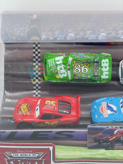DISNEY PIXAR CARS 1:55 BY MATTEL - RACE AND CHASE 4 PACK - LIGHTNING MCQUEEN, CHICK HICKS, THE KING AND RE-VOLTING - BNIB