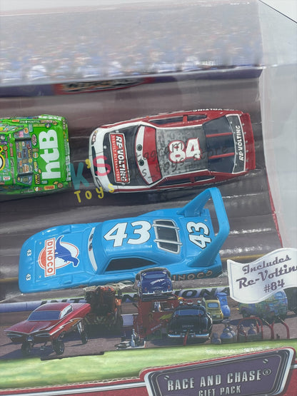 DISNEY PIXAR CARS 1:55 BY MATTEL - RACE AND CHASE 4 PACK - LIGHTNING MCQUEEN, CHICK HICKS, THE KING AND RE-VOLTING - BNIB