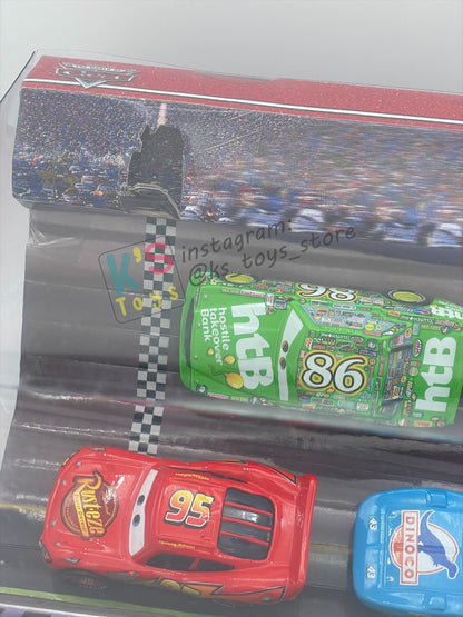 DISNEY PIXAR CARS 1:55 BY MATTEL - RACE AND CHASE 4 PACK - LIGHTNING MCQUEEN, CHICK HICKS, THE KING AND RE-VOLTING - BNIB