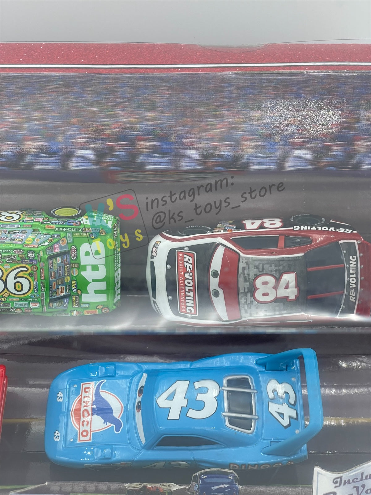 DISNEY PIXAR CARS 1:55 BY MATTEL - RACE AND CHASE 4 PACK - LIGHTNING MCQUEEN, CHICK HICKS, THE KING AND RE-VOLTING - BNIB