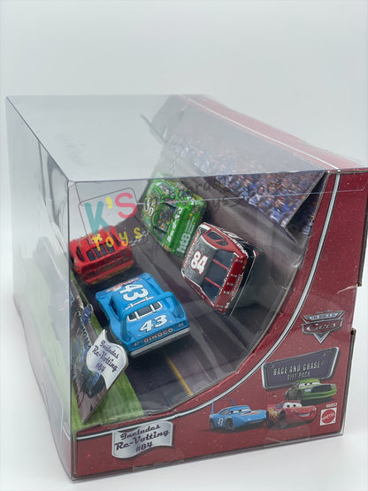 DISNEY PIXAR CARS 1:55 BY MATTEL - RACE AND CHASE 4 PACK - LIGHTNING MCQUEEN, CHICK HICKS, THE KING AND RE-VOLTING - BNIB