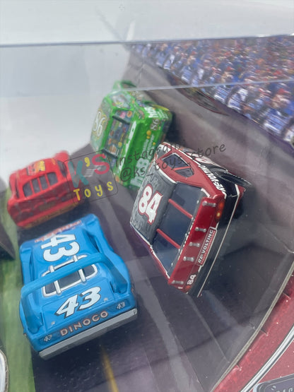 DISNEY PIXAR CARS 1:55 BY MATTEL - RACE AND CHASE 4 PACK - LIGHTNING MCQUEEN, CHICK HICKS, THE KING AND RE-VOLTING - BNIB