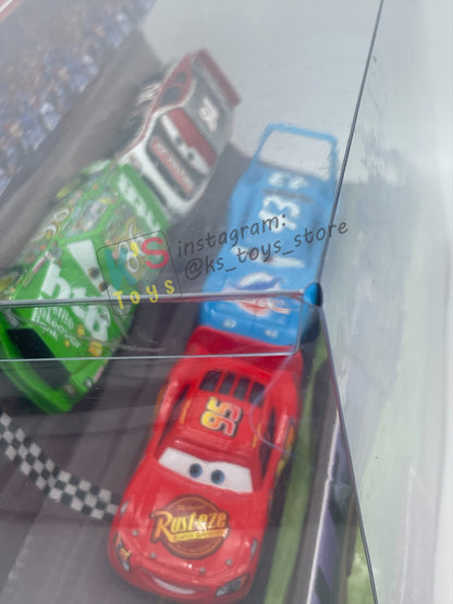 DISNEY PIXAR CARS 1:55 BY MATTEL - RACE AND CHASE 4 PACK - LIGHTNING MCQUEEN, CHICK HICKS, THE KING AND RE-VOLTING - BNIB