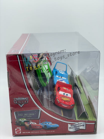 DISNEY PIXAR CARS 1:55 BY MATTEL - RACE AND CHASE 4 PACK - LIGHTNING MCQUEEN, CHICK HICKS, THE KING AND RE-VOLTING - BNIB