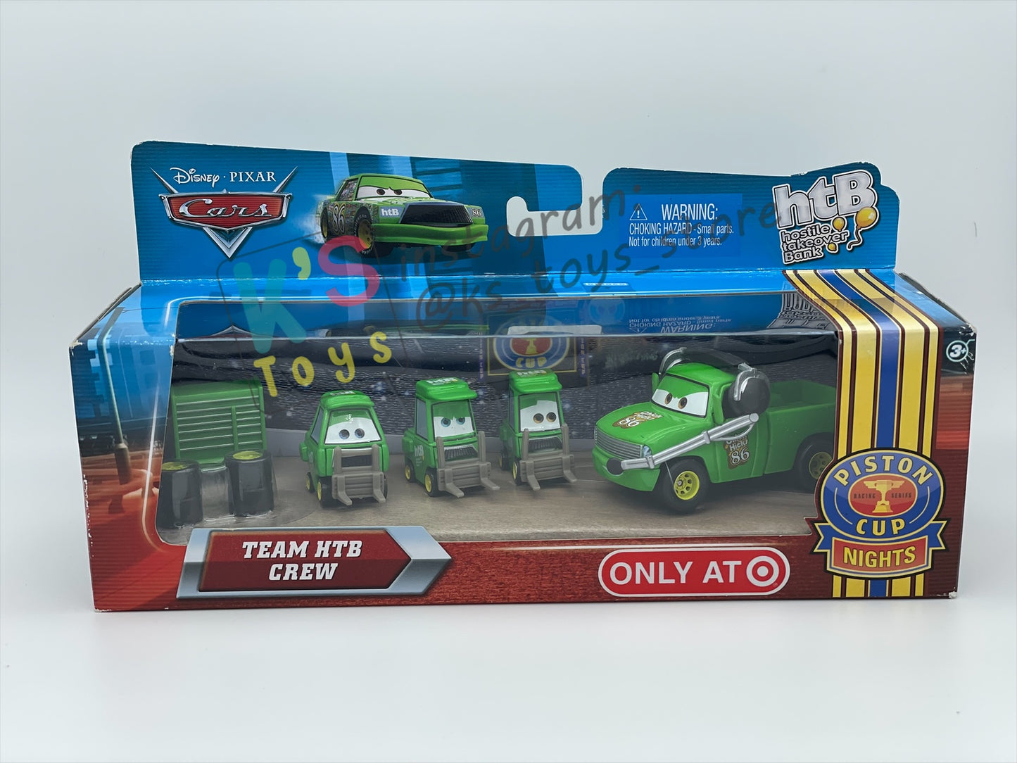 DISNEY PIXAR CARS 1:55 BY MATTEL, TEAM HTB CREW 4 PACK, BRUISER BUKOWSKI (BLUE EYES), BRUISER BUKOWSKI (WORRIED), CHICK HICKS WIDE PITTY AND CHICK CHIEF CREW - PISTON CUP NIGHTS - BNIP