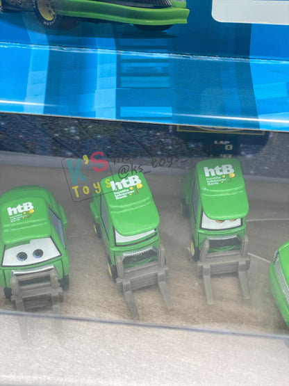 DISNEY PIXAR CARS 1:55 BY MATTEL, TEAM HTB CREW 4 PACK, BRUISER BUKOWSKI (BLUE EYES), BRUISER BUKOWSKI (WORRIED), CHICK HICKS WIDE PITTY AND CHICK CHIEF CREW - PISTON CUP NIGHTS - BNIP