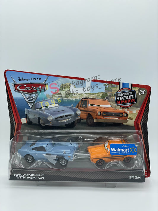 Disney Pixar Cars 1:55 by Mattel 2-Pack Cars 2, FINN MCMISSILE WITH WEAPON & GREM (WALMART VARIANT) - MATER'S SECRET MISSION SERIES - BNIP