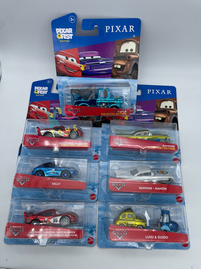 Complete Set of Pixar Fest Series Disney Pixar Cars by Mattel 1:55 - LIGHTNING MCQUEEN, RAMONE, LUIGI GUIDO, SALLY, AND MATER - BNIP