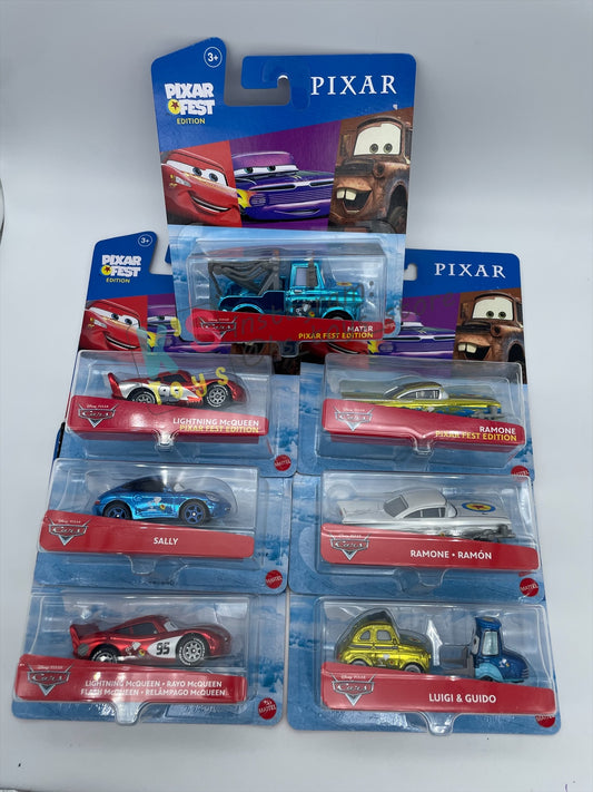 Complete Set of Pixar Fest Series Disney Pixar Cars by Mattel 1:55 - LIGHTNING MCQUEEN, RAMONE, LUIGI GUIDO, SALLY, AND MATER - BNIP