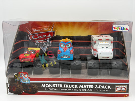 GIFT SET DISNEY PIXAR CARS BY MATTEL, "MONSTER TRUCKS MATER 3 PACK FRIGHTENING MCMEAN, THE TORMENTOR AND DR. FEEL BAD" CARS TOON SERIES - BNIB