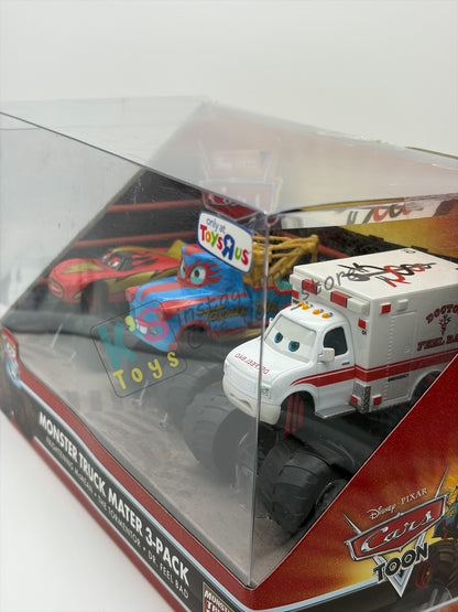 GIFT SET DISNEY PIXAR CARS BY MATTEL, "MONSTER TRUCKS MATER 3 PACK FRIGHTENING MCMEAN, THE TORMENTOR AND DR. FEEL BAD" CARS TOON SERIES - BNIB