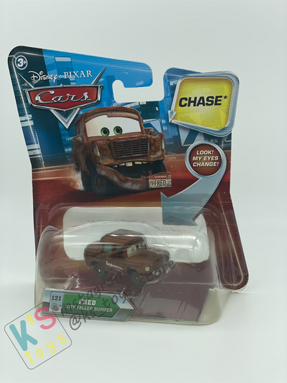 DISNEY PIXAR CARS BY MATTEL, FRED WITH FALLEN BUMPER - LENTICULAR EYES, CHASE - BNIP