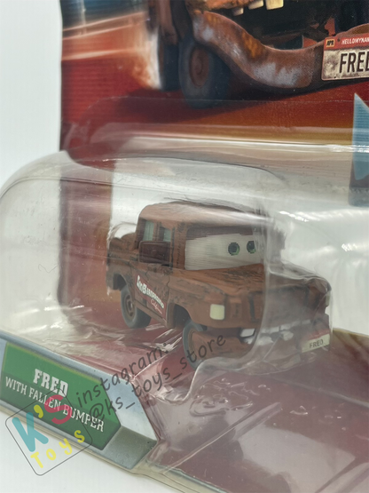 DISNEY PIXAR CARS BY MATTEL, FRED WITH FALLEN BUMPER - LENTICULAR EYES, CHASE - BNIP