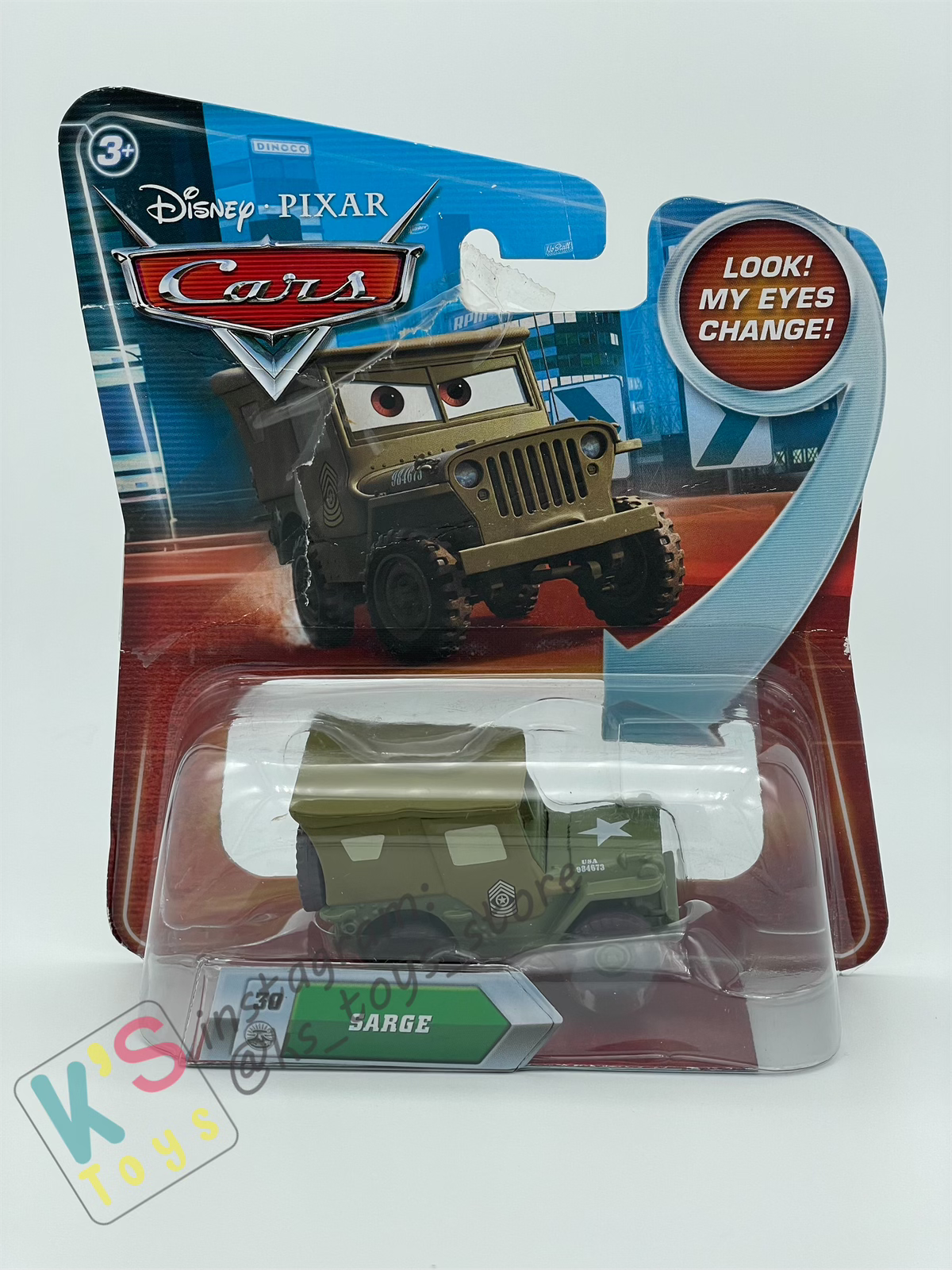 DISNEY PIXAR CARS BY MATTEL, SARGE - LENTICULAR EYES - BNIP (PACKAGING IS NOT IN GOOD CONDITION)