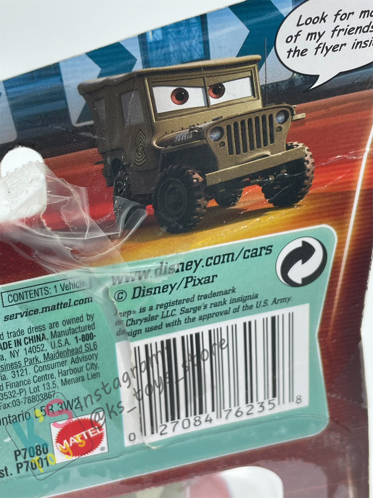 DISNEY PIXAR CARS BY MATTEL, SARGE - LENTICULAR EYES - BNIP (PACKAGING IS NOT IN GOOD CONDITION)