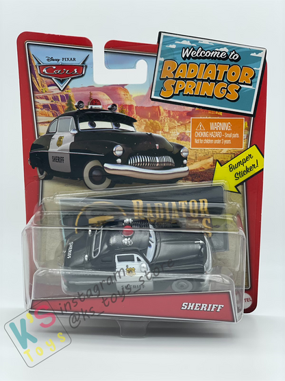 Disney Pixar Cars by MATTEL, SHERIFF, BONUS BUMPER STICKER - WELCOME TO RADIATOR SPRINGS - BNIP