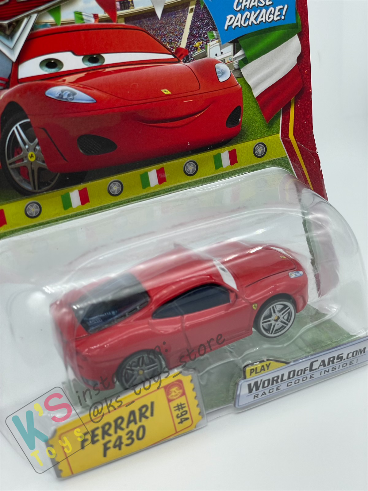 DISNEY PIXAR CARS BY MATTEL, FERRARI F430 - CHASE PACKAGE - BNIP