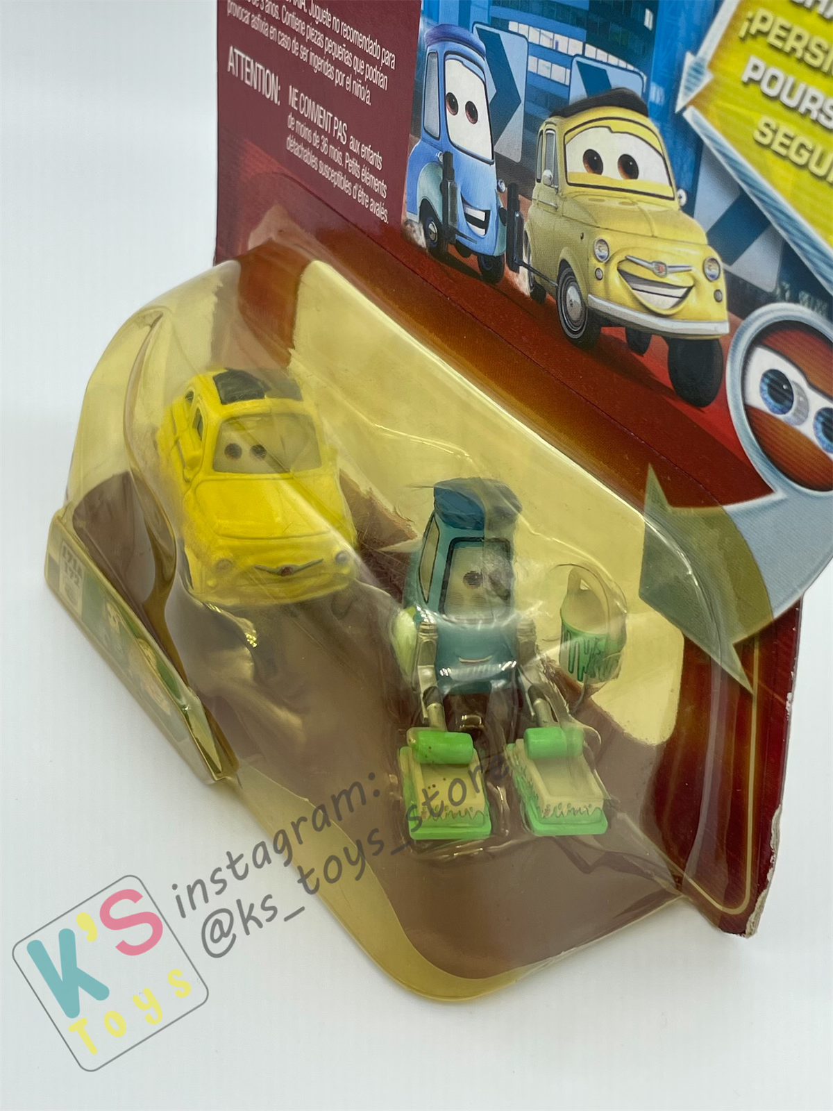 DISNEY PIXAR CARS BY MATTEL, LUIGI AND GUIDO WITH ROLLERS AND TRAY - LENTICULAR EYES - BNIP