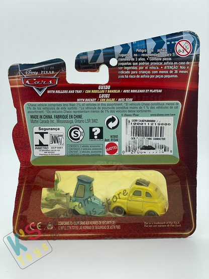 DISNEY PIXAR CARS BY MATTEL, LUIGI AND GUIDO WITH ROLLERS AND TRAY - LENTICULAR EYES - BNIP