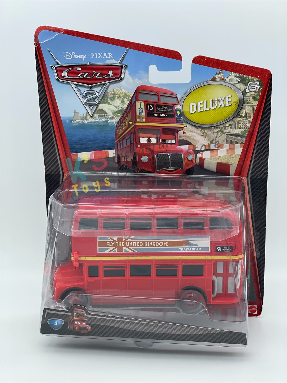 DELUXE DISNEY PIXAR CARS BY MATTEL "DOUBLE DECKER BUS #4" CARS 2 - BNIP