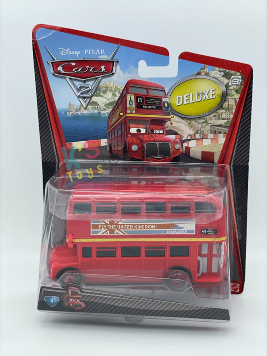 DELUXE DISNEY PIXAR CARS BY MATTEL "DOUBLE DECKER BUS #4" CARS 2 - BNIP
