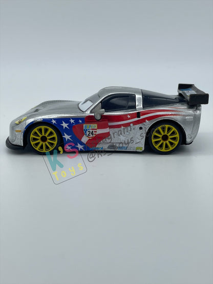 PRE-OWNED / LOOSE DISNEY PIXAR CARS BY MATTEL - "SILVER JEFF GORVETTE WITH METALLIC FINISH VARIANT" - SILVER METALLIC FINISH SERIES - NEAR MINT CONDITION - READ DESCRIPTION!!!!!!!!!!!