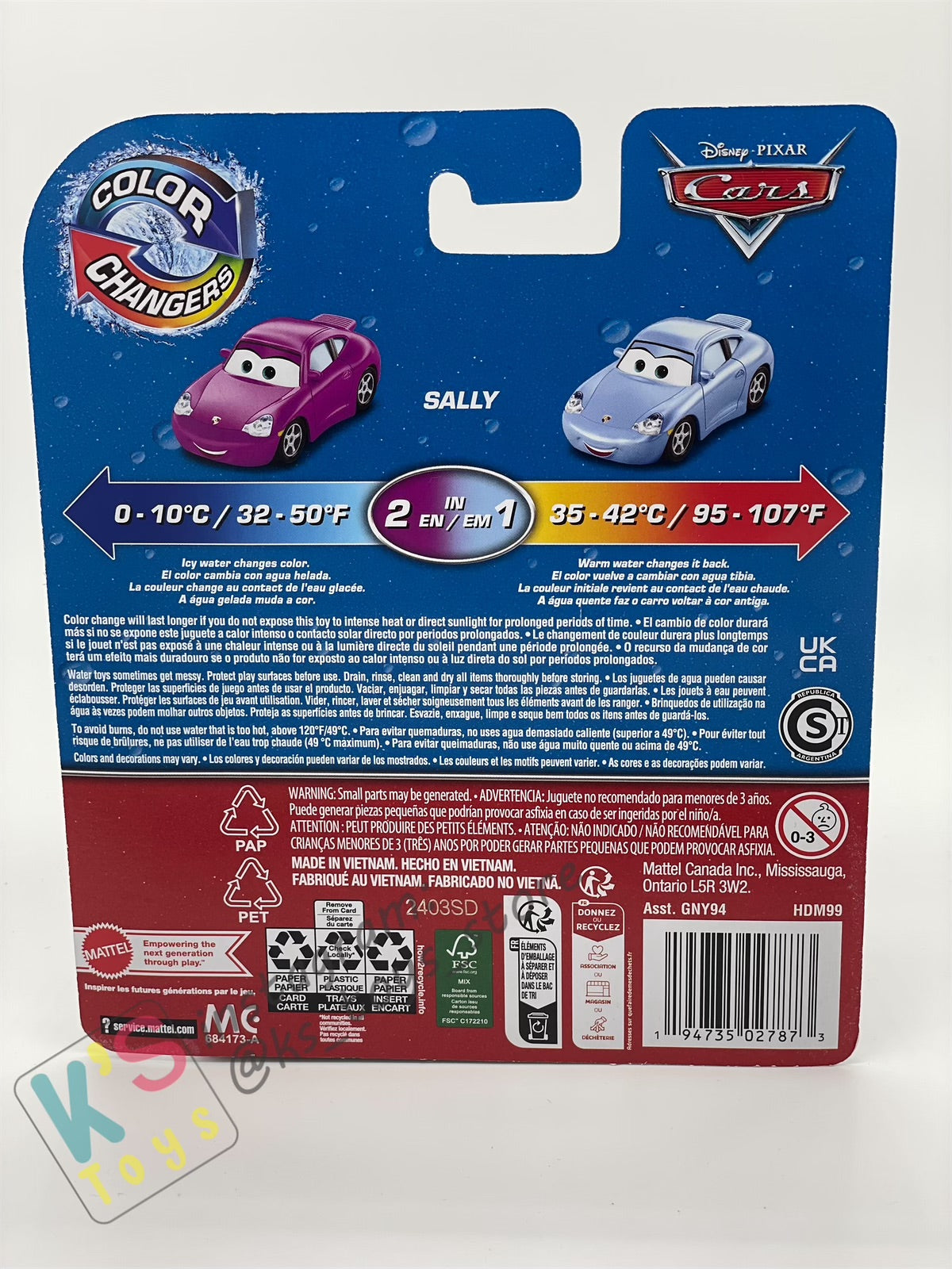 COLOR CHANGERS Disney Pixar Cars by MATTEL, SALLY (PURPLE/BLUE) - 2023 RELEASE  - BNIP