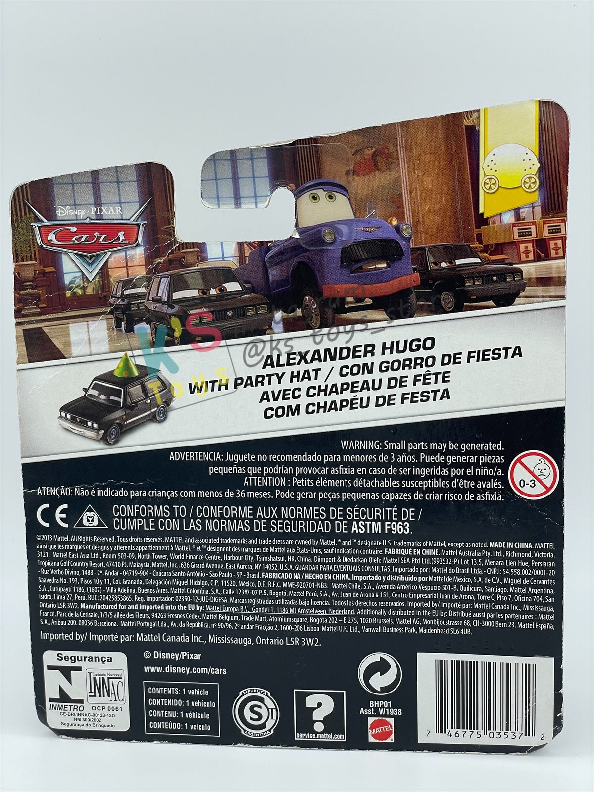 DISNEY PIXAR CARS BY MATTEL, ALEXANDER HUGO WITH PARTY HAT - CARS 2 - BNIP