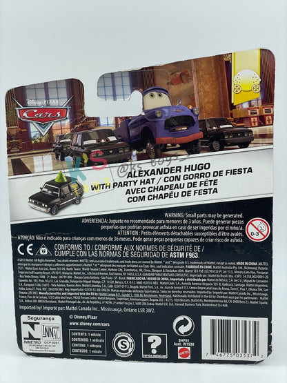 DISNEY PIXAR CARS BY MATTEL, ALEXANDER HUGO WITH PARTY HAT - CARS 2 - BNIP