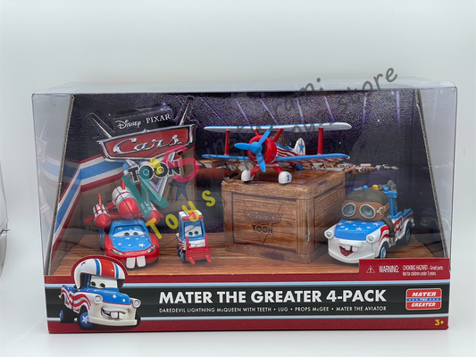 DISNEY PIXAR CARS - CARS TOON MATER THE GREATER 4-PACK GIFT SET - DAREDEVIL LIGHTNING MCQUEEN WITH TEETH, LUG, PROPS MCGEE, AND MATER THE AVIATOR - BNIB