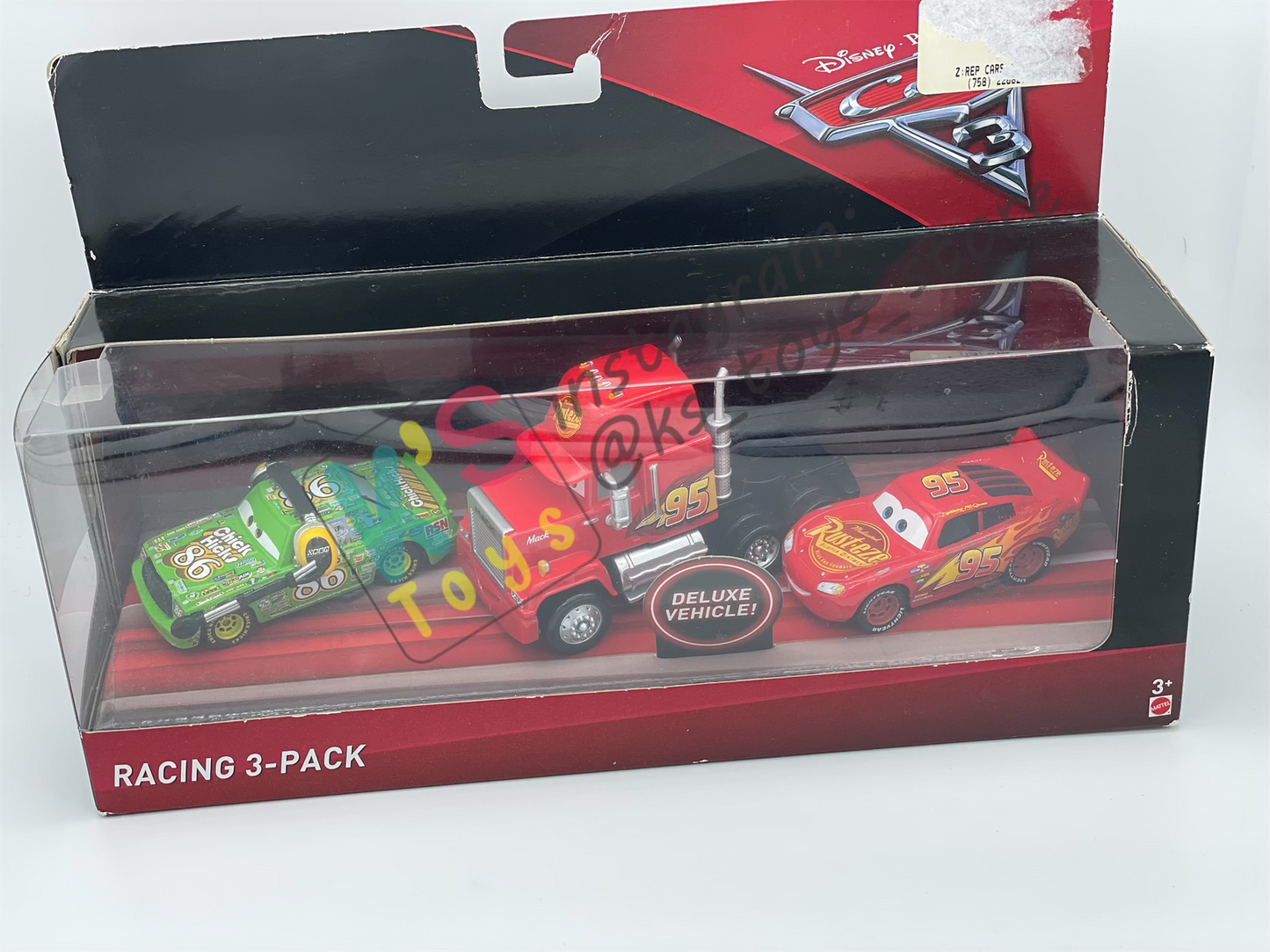 Gift Set Disney Pixar Cars 1:55 - RACING 3-PACK CARS 3 MACK, MCQUEEN AND CHICK HICKS WITH HEADSET  - BNIP