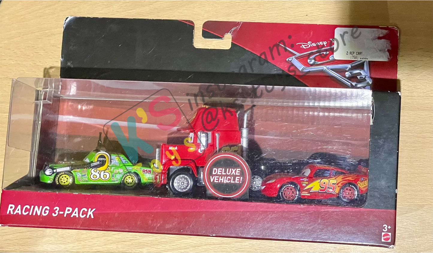 Gift Set Disney Pixar Cars 1:55 - RACING 3-PACK CARS 3 MACK, MCQUEEN AND CHICK HICKS WITH HEADSET  - BNIP