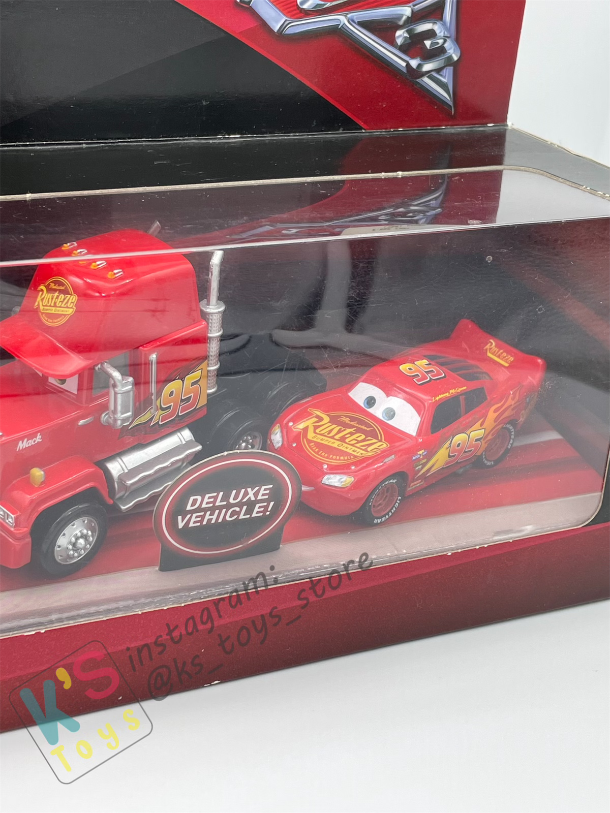 Gift Set Disney Pixar Cars 1:55 - RACING 3-PACK CARS 3 MACK, MCQUEEN AND CHICK HICKS WITH HEADSET  - BNIP