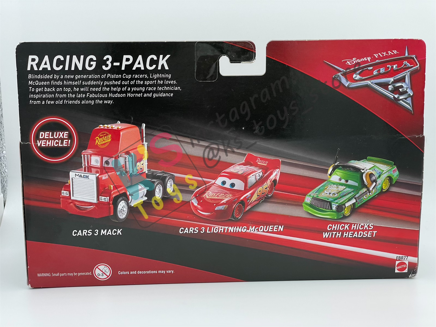 Gift Set Disney Pixar Cars 1:55 - RACING 3-PACK CARS 3 MACK, MCQUEEN AND CHICK HICKS WITH HEADSET  - BNIP