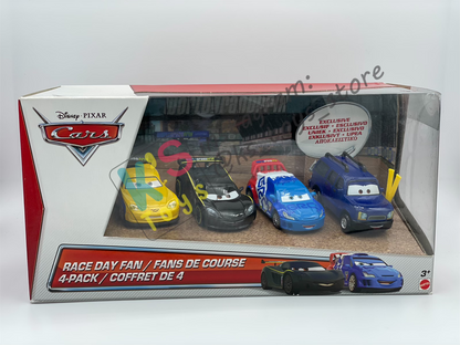 Gift Set Disney Pixar Cars 1:55 - RACE DAY FAN 4-PACK CLUTCH FOSTER, JEFF GORVETTE, RAOUL CAROULE AND LEWIS HAMILTON  - BNIP