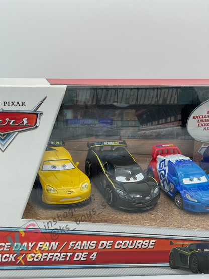 Gift Set Disney Pixar Cars 1:55 - RACE DAY FAN 4-PACK CLUTCH FOSTER, JEFF GORVETTE, RAOUL CAROULE AND LEWIS HAMILTON  - BNIP