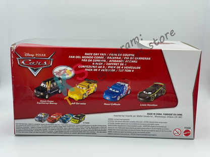 Gift Set Disney Pixar Cars 1:55 - RACE DAY FAN 4-PACK CLUTCH FOSTER, JEFF GORVETTE, RAOUL CAROULE AND LEWIS HAMILTON  - BNIP