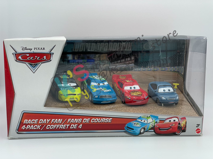 Gift Set Disney Pixar Cars 1:55 - RACE DAY FAN 4-PACK LIGHTNING MCQUEEN, MARTY, SPARE O MINT #93 AND TRUNK FRESH NO 34 - BNIP