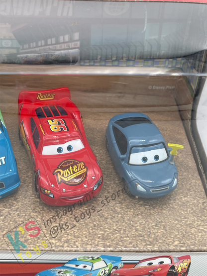 Gift Set Disney Pixar Cars 1:55 - RACE DAY FAN 4-PACK LIGHTNING MCQUEEN, MARTY, SPARE O MINT #93 AND TRUNK FRESH NO 34 - BNIP