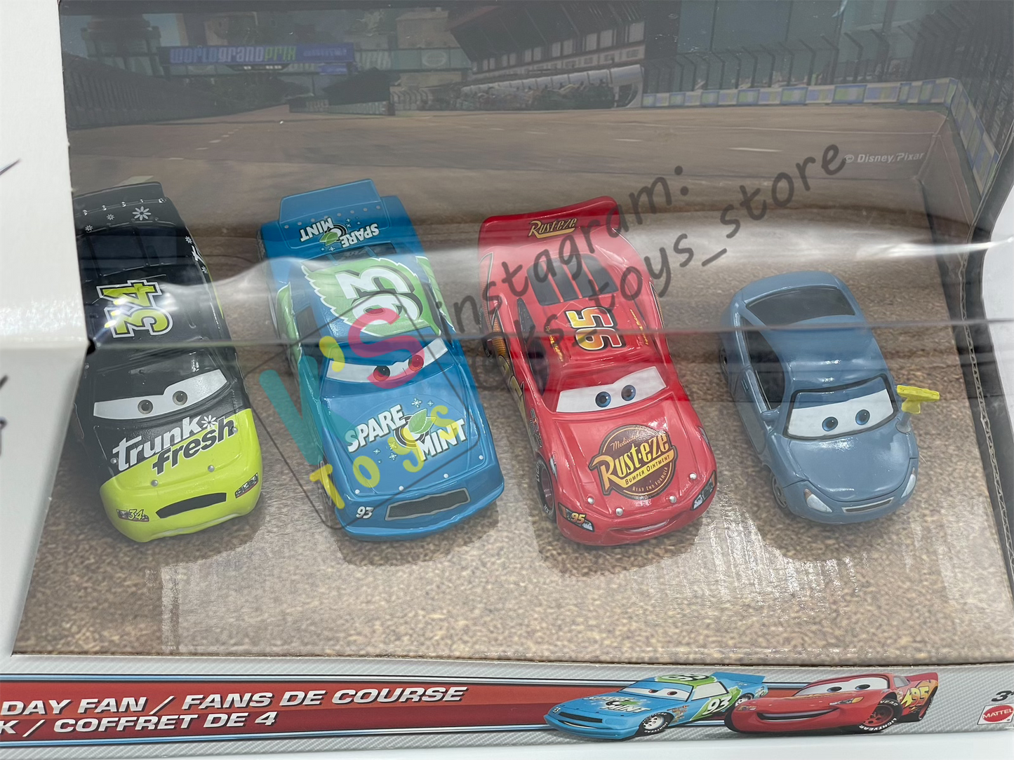 Gift Set Disney Pixar Cars 1:55 - RACE DAY FAN 4-PACK LIGHTNING MCQUEEN, MARTY, SPARE O MINT #93 AND TRUNK FRESH NO 34 - BNIP