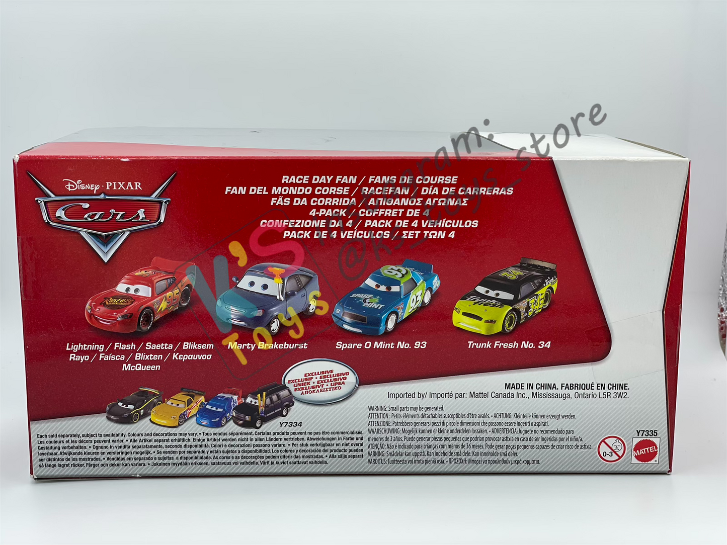 Gift Set Disney Pixar Cars 1:55 - RACE DAY FAN 4-PACK LIGHTNING MCQUEEN, MARTY, SPARE O MINT #93 AND TRUNK FRESH NO 34 - BNIP