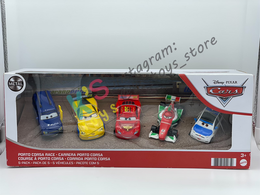 PORTO CORSA RACE - 5-PACK; FRANK CLUTCHENSON, CLUTCH FOSTER, LIGHTNING MCQUEEN WITH RACING WHEELS, FRANCESCO BERNOULLI AND JEFF GORVETTE - BNIP