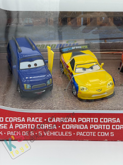 PORTO CORSA RACE - 5-PACK; FRANK CLUTCHENSON, CLUTCH FOSTER, LIGHTNING MCQUEEN WITH RACING WHEELS, FRANCESCO BERNOULLI AND JEFF GORVETTE - BNIP