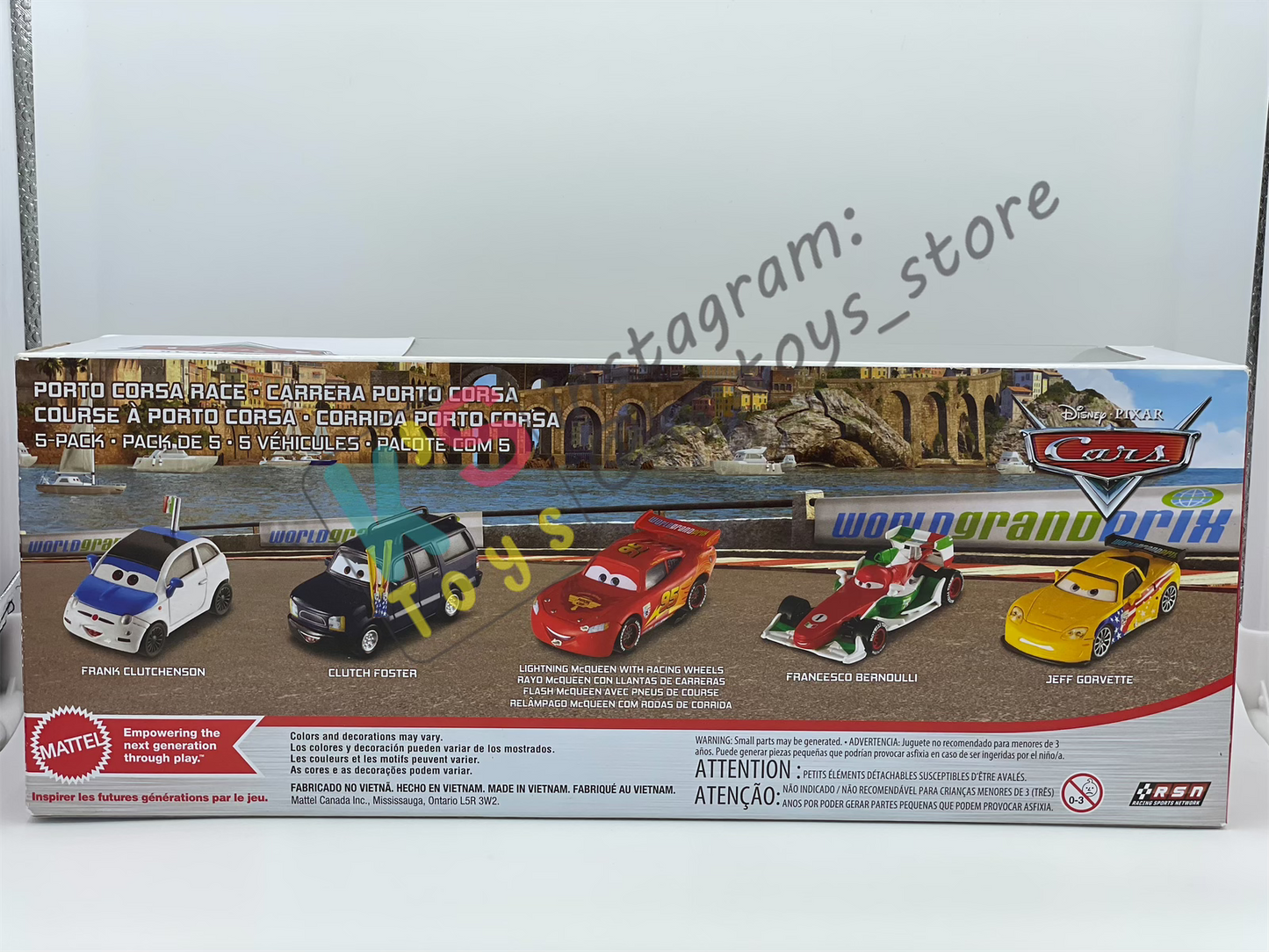 PORTO CORSA RACE - 5-PACK; FRANK CLUTCHENSON, CLUTCH FOSTER, LIGHTNING MCQUEEN WITH RACING WHEELS, FRANCESCO BERNOULLI AND JEFF GORVETTE - BNIP