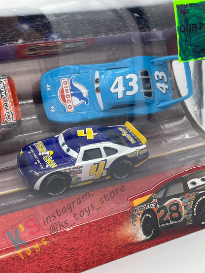 SPEEDWAY 4-PACK; LIGHTNING MCQUEEN, AIKEN AXLER; THE KING,  AND RUSTY CORNFUEL - BNIP