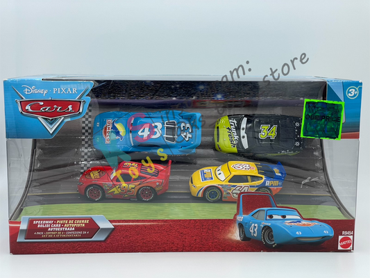 SPEEDWAY 4-PACK; LIGHTNING MCQUEEN CARS 1, THE KING, TRUNK FRESH DIRKSON D’AGOSTINO, RPM WINFORD, BRADFORD RUTHERFORD - BNIP