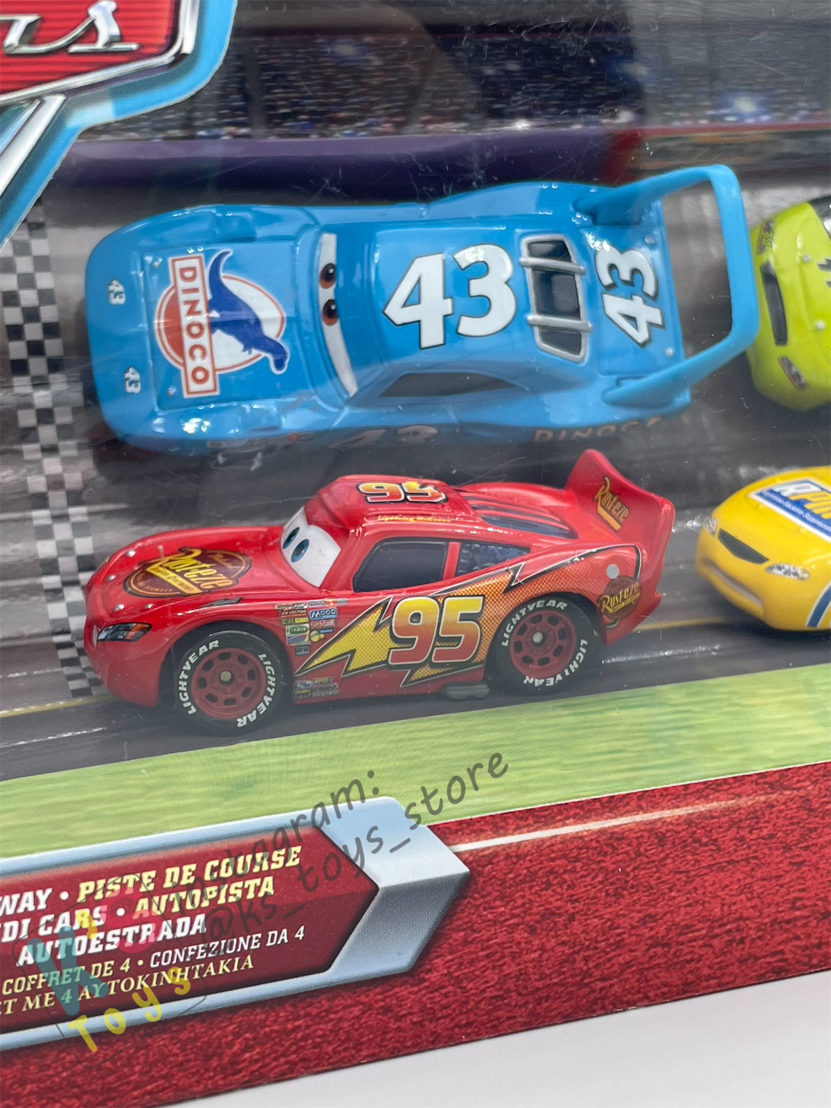 SPEEDWAY 4-PACK; LIGHTNING MCQUEEN CARS 1, THE KING, TRUNK FRESH DIRKSON D’AGOSTINO, RPM WINFORD, BRADFORD RUTHERFORD - BNIP