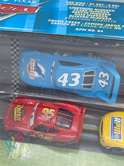 SPEEDWAY 4-PACK; LIGHTNING MCQUEEN CARS 1, THE KING, TRUNK FRESH DIRKSON D’AGOSTINO, RPM WINFORD, BRADFORD RUTHERFORD - BNIP